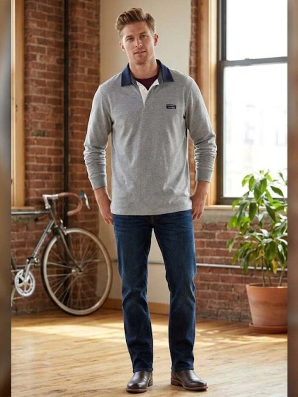 L.L. Bean Men's Rugby Shirt Large Tall Blue Gray Long Sleeve Polo Cotton